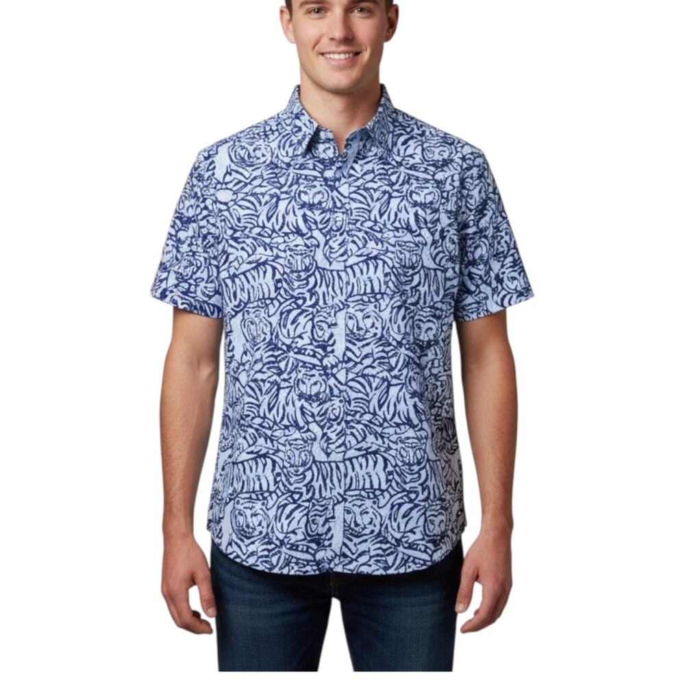 Three Islands Hawaiian Shirt Mens XL Blue Tigers Tropical Cotton Button Up